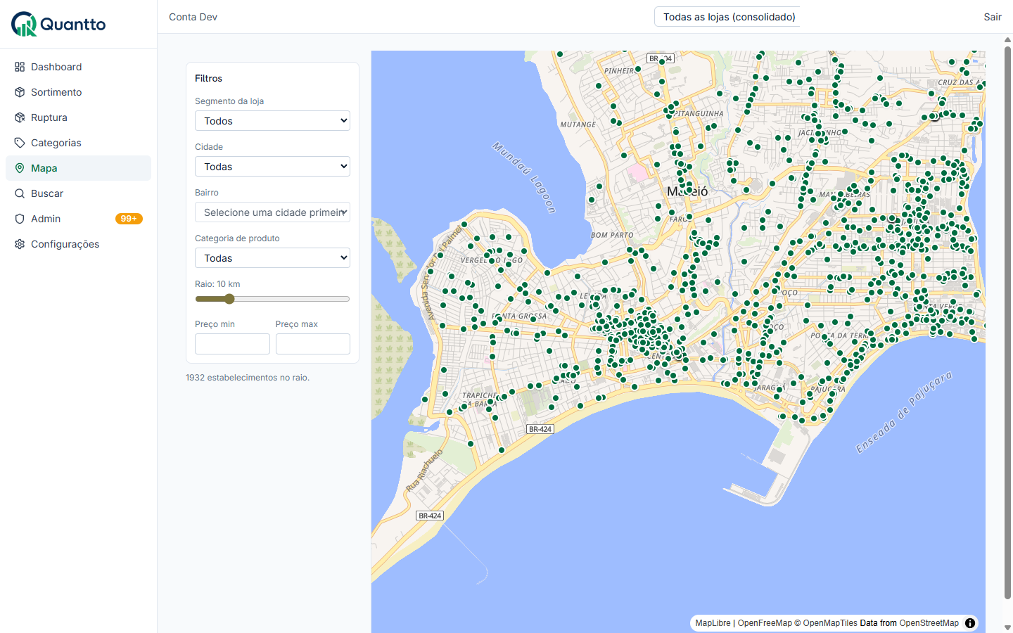 Mapa Quantto — concorrentes por bairro na região da loja