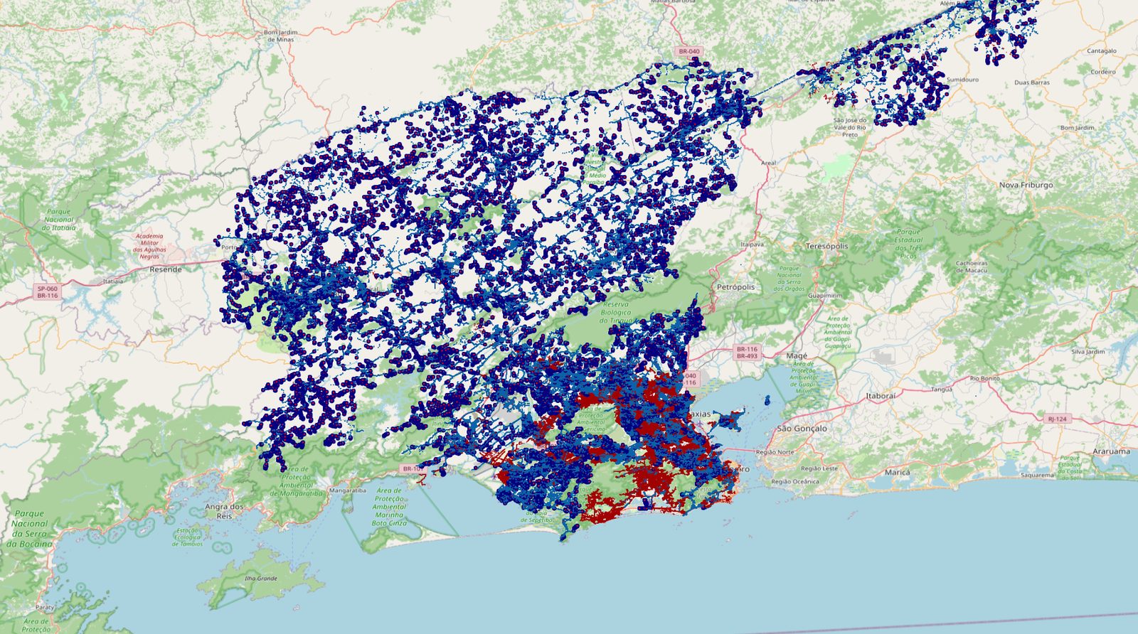 Mapa de cobertura — cada ponto é um poste processado